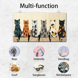 DELORIGIN Calico Cats Key Holder Key Hooks Wall Mounted Wooden Key Racks Key Storage Organizer Hanger with 5 Key Hooks House Key Holder for Wall Decor Door Entryway Hallway Kitchen New Home Gift