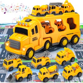 deAO 7 IN1 BAU-LKW für 3 4 5 6 Jahre alt, Träger Transport LKW für Kinder mit Geräuschen und Lichtern, 6 Mini-Autos und 1 Karte, Weihnachten Geburtstag Geschenk Kinder Spielzeug