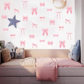 Pink Bow Wall Stickers 56PCS Light Pink Bow Knot Wall Decals Watercolor Room Mural Stickers Wall Art Decor for Girls Room Party Home Bedroom Nursery Valentine's Day Birthday Decor