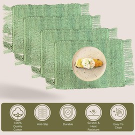 Perilla Home Natural Chindi Jute Placemat Set of 4 Vintage Boho 13x19 Inch Table Mats for Kitchen Dining Home Decor Rectangle Placemats (Green)