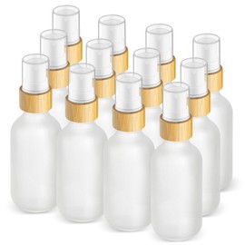 DMuuuDM 12 Pack 2 oz Glass Spray Bottles,Empty Perfume Fine Mist Atomizer,Natural Bamboo Pump Head Travel Liquid Holder Containers for Cologne,Essential Oils,Body Sprays,Room Sprays-Clear Frosted