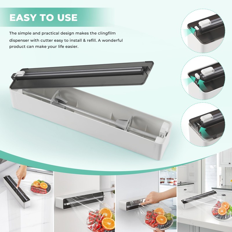 Quasziwa Magnetic Plastic Wrap Dispenser with Cutter - Practical Refillable