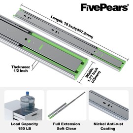 FivePears 2 Pairs 18 Inch Heavy Duty Soft Close Drawer Slides, 150 Lb Load Capacity Full Extension Ball Bearing Side Mount Drawer Runner, Rv Tool Box Kitchen Cabinet Drawer Self Closing Glide Rails
