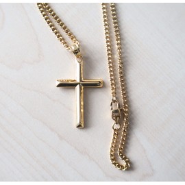 LIFETIME BLING 18K Gold Chain Cross Pendant Necklace for Men, Women 3MM Cuban Curb Chain w/real strong Solid Clasp gift for husband, wife Religious Beveled Edges (22)