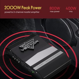 Lanzar 2-Channel High Power MOSFET Amplifier - Slim 800 Watt Bridgeable Mono Stereo 2 Channel Car Audio Amplifier-Crossover Frequency and Bass Boost Control, RCA Input,Line Output - Lanzar VCT2010