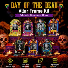 Dia De Los Muertos Decorations Picture Frames Set of 10 - Day of the Dead Altar Kit with Mini Sugar Skull, Marigold Flowers, Artificial Monarch Butterfly, Candle - Ofrenda Decor for Mexican Party Home Grave