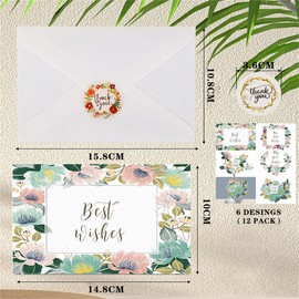 Thank You Cards with Envelopes Set of 12 Blank Thank You Card Multipack Greeting Card Used for Birthday Wedding Business (Flowers)