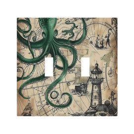 Nadoabtm Decorative Switch Plates Vintage Green Nautical Octopus Funny Ocean Kraken 2 Gang Double Toggle Outlet Light Switch Cover Wall Plate Electrical Faceplate for Kids room Bathroom Decor