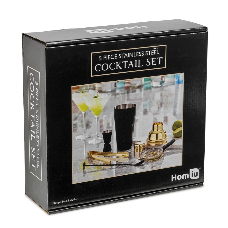 Homiu Cocktail Shaker Set Black and Gold 5-Piece, Stainless Steel