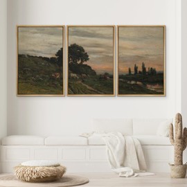 SIGNWIN Framed Canvas Print Wall Art Set Sunset Countryside Landscape Pastoral Cow Field and River Illustrations Modern Art Contemporary Minimal for Living Room, Bedroom, Office - 16"x24"x3 NATURAL