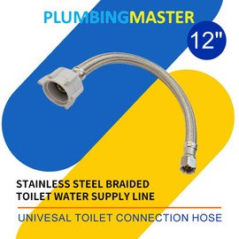 (2pcs 12 inch) PLUMBINGMASTER Toilet Water Supply Line,3/8" Comp x 7/8" BC Braided Stainless Steel Toilet Supply Line,Toilet Connector Hose with Anti-Leaking Brass Nut