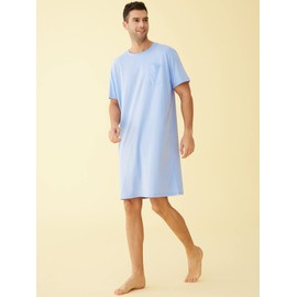 Latuza Men's Cotton Nightshirt Short Sleeves Sleep Shirt Nightgown, Light Blue, 3X-Large
