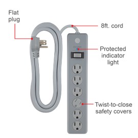 GE 6-Outlet Surge Protector, 8 Ft Extension Cord, Power Strip, 800 Joules, Flat Plug, Twist-to-Close Safety Covers, UL Listed, Gray, 61344