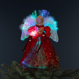 Northlight Lighted Fiber Optic Angel Christmas Tree Topper - 12" - Red and Gold