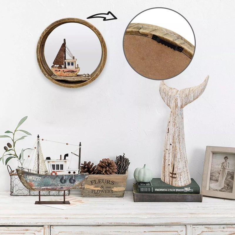 YK Decor Nautical Wood Wall Decoration Hanging Circle Mirror