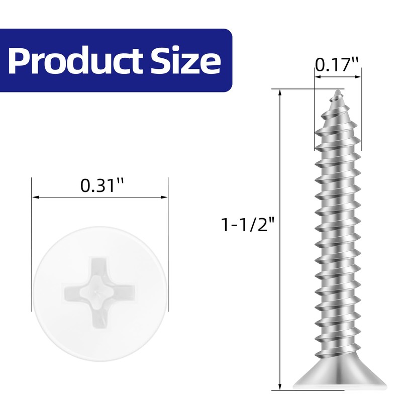#8 x 1-1/2" Flat Head Self Tapping Screws, White Head