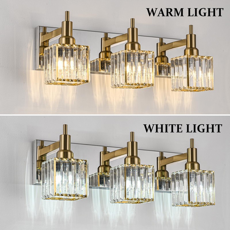 HUOKU Crystal Bathroom Vanity Light Gold Chrome 3-Light Modern Bathroom