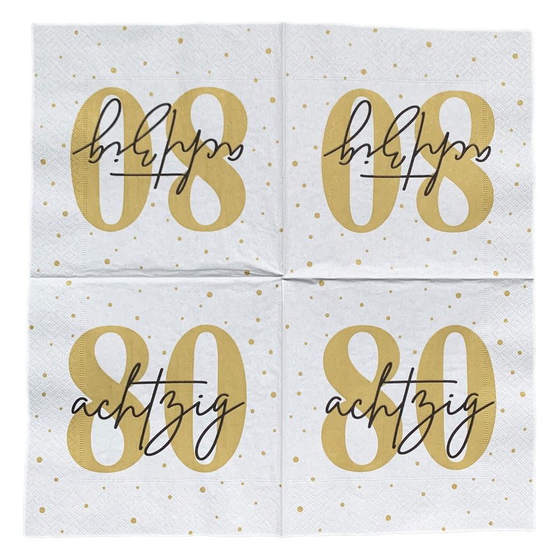 20 Napkins for 80th Birthday 33 x 33 cm White