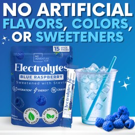 Zero Sugar - Blue Raspberry Electrolytes Powder - Refreshing Hydration - Caffeine Free Energy - All Natural Ingredients - Vegan, Keto and Paleo - Sugar Free Electrolyte Powder Drink Mix - 15 count