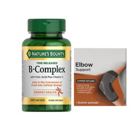Nature’s Bounty Time Released B-Complex, Energy & Metabolism Support, with Vitamin C & Folic Acid, 250 Tablets + Bonus 1 Elbow Support