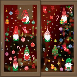 WALPLUS Christmas Window Stickers Clings Xmas Decoration Sale Clearance Reusable Double-Sided Print Decals for Glass Living Room Windows Display Xmas Gnomes and Colourful Baubles 117 Pieces