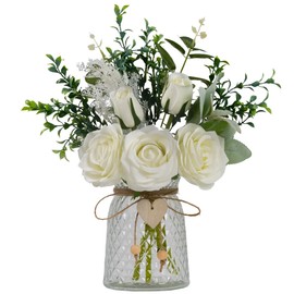 JARELING Fake Flowers with Vase Silk Rose Flowers in Vase Eucalyptus Flowers Arrangement Suitable for Home Office Decoration, Dining Table Centerpiece (Rose-White)