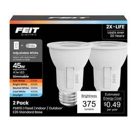 Feit Electric PAR16 LED Flood Light Bulbs, 4.1W (45W Equivalent), Dimmable, Adjustable White 2700K–5000K, 375 Lumens, 90+ CRI, 40° Beam Angle, E26 Base, Indoor/Outdoor Use, PAR1645DM/6WYCA/2, 2 Pack