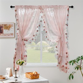 NewWPKIRA Princess Style Pink Floral Embroidery Lace Curtain with Sequins Strawberry Trim Romantic Lace Sheer Short Curtains for Girl's Bedroom Rod Pocket Top 2 Panels (Pink,W42 x L63 inches)