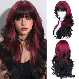 Wepwcod Red highlights black Long Wavy Wig 28 Inch Middle Part Wavy Synthetic Wigs for Women Natural Looking Heat Resistant Fiber Wig for Daily Party Use