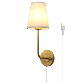 Pathson Plug in Wall Sconce, Rustic Wall Light Fixture with On/Off Switch and Pure White Fabric Lampshade, Antique Brass Wall Lamp for Living Room Bedroom