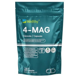 Wellthy 4-MAG Magnesio Complex 60 Cápsulas. Equivalente a 360mg de Magnesio. Citrato de Magnesio, Glicinato de Magnesio, Malato de Magnesio y Magnesio