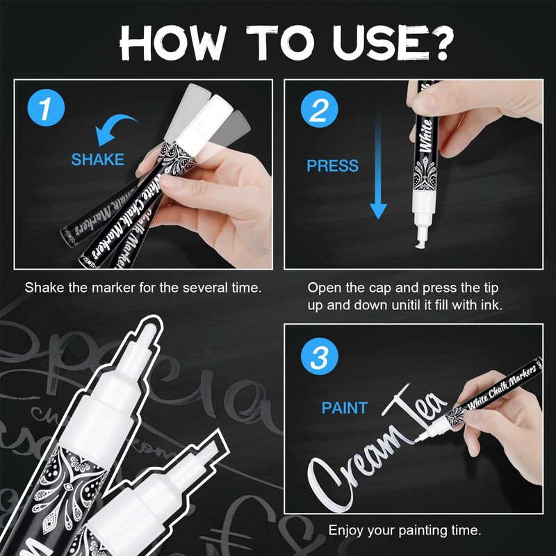 AOSUCO White Chalk Pens, 3mm Washable Liquid Chalk Markers with