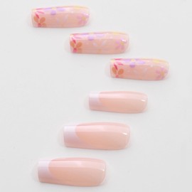 MISUD Press on Nails Long Square Fake Nails Glossy Glue on Nails White French Tip Acrylic Nail Supplies Squoval Artificial Nail Art Flower Stick on False Nails with Design DIY 24 pcs