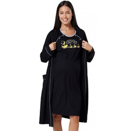 HAPPY MAMA Women's Maternity Nightie Robe Hospital Set Nursing Nightshirt 1636 (Black, UK 10, M)