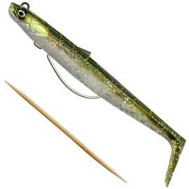 Savage Gear Sandeel V2 Weedless – 2 Rubber Fish + 1 Jig Head, Size/Weight/Colour: 13 cm/33 g/Green Silver UV