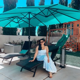 PURPLE LEAF 14ft Patio Market Umbrella with Base Double-Sided Rectangle Outdoor Table Sun Umbrellas with Crank 12 Heavy Duty Sturdy Ribs for Pool Beach Deck Backyard Turquoise Blue