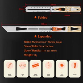 Woodworking 90/45 Degree Scriber Ruler, 6:1/8:1 Dovetail Gauge, T-Shape Multi-Angle Precision Marking Gauge for Woodworking, Metalworking, Construction
