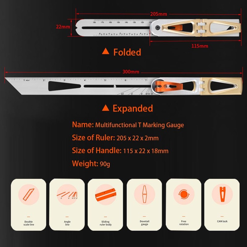 Woodworking 90/45 Degree Scriber Ruler, 6:1/8:1 Dovetail Gauge, T-Shape Multi-Angle
