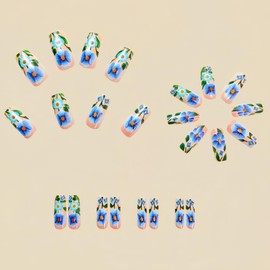 24Pcs Blue Square Press on Nails Long Length Fake Nails Spring Flower False Nails Cute Gloss Acrylic Nail Floral Designs Stick on Nail Reusable Glue for Women Girls Manicure Kit
