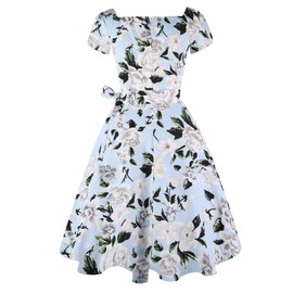 Girstunm Women's Classic Tea Dress Short Sleeve Swing Cocktail Party Dresses with Pockets Blue-White-Flower XL