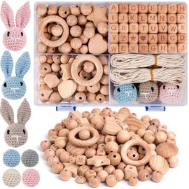 Wooden Beads Wooden Rings Set, Beech Wood Beads Make Yourself, 233 Pieces, Letters Crochet Wood Beads, Natural, Round Wooden Balls with Hole for Crafts, DIY Macrame Accessories