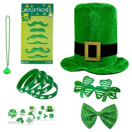 NMD&LR St. Patrick's Day Costume Suit Hat, Green Shamrock Necklaces Sunglasses, Bracelets Temporary Tattoos Mustaches, Bow Tie, Beard, Irish Party Favors Set