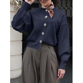 Saodimallsu Womens Button Up Cardigan Sweaters Fall Trendy Long Lantern Sleeve Knit Crew Neck Sweater Jacket Navy