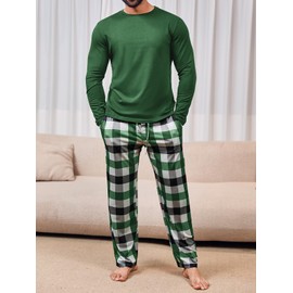Runcati Mens 2 Piece Pajama Set Plaid Sleepwear PJ Relaxed Fit Stretch Lounge Nightwear Sets Green