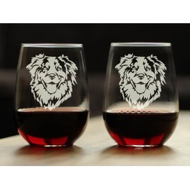Australian Shepherd Face - Stemless Wine Glasses - Set of 2 - Unique Dog Themed Decor and Gifts for Lovers of Aussies - Large 17 Ounce