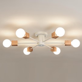 Boho 6-Light Sputnik Chandelier Semi Flush Mount Ceiling Light Fixture Farmhouse Wood and White Ceiling Lamp for Dining Room Living Room Bedroom Kitchen