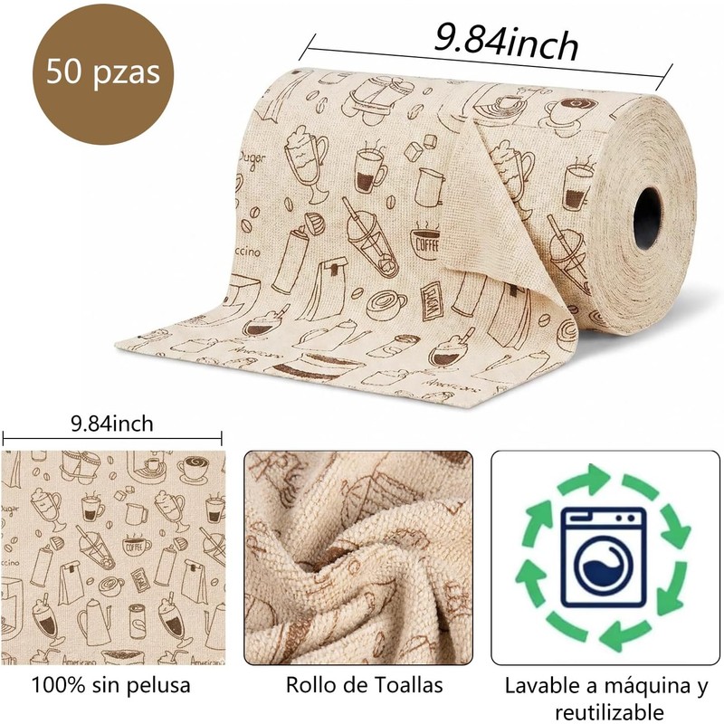 TOAO Rollo de Toallas de Microfibra, Paquete de 50, Rollo
