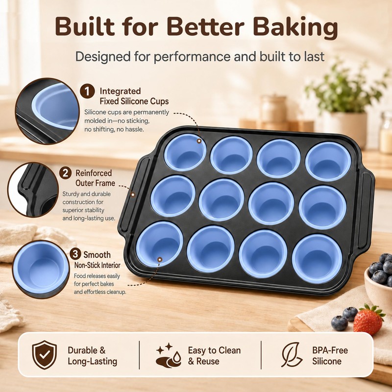 2 Pack Silicone Muffin Pans for Baking, 12-Cup Muffin Tin