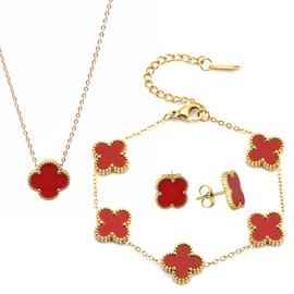 VierbläTtriges Kleeblatt Schmuckset 18 Karat Vergoldetes VierbläTtriges Kleeblatt VierbläTtriges Schmuck Set FüR Frauen Armband Emaille Schmuck Set FüR Geschenke Valentinstag,Geburtstags,Rotwein