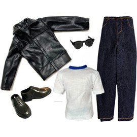 Eledoll Clothes Fashion Pack for Boy Boyfriend Ken Doll Action Figure Terminator Motorcycle Black Leather Jacket Jeans Shoes Sunglasses White T Shirt for 12 inch Doll